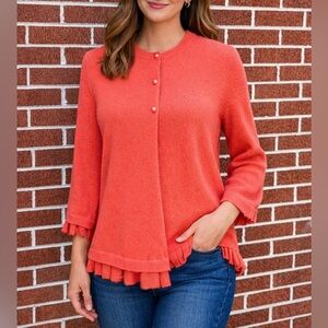 Sutton 💯 Cashmere Ruffled Cardigan Orange Button-Down Women's Size Large